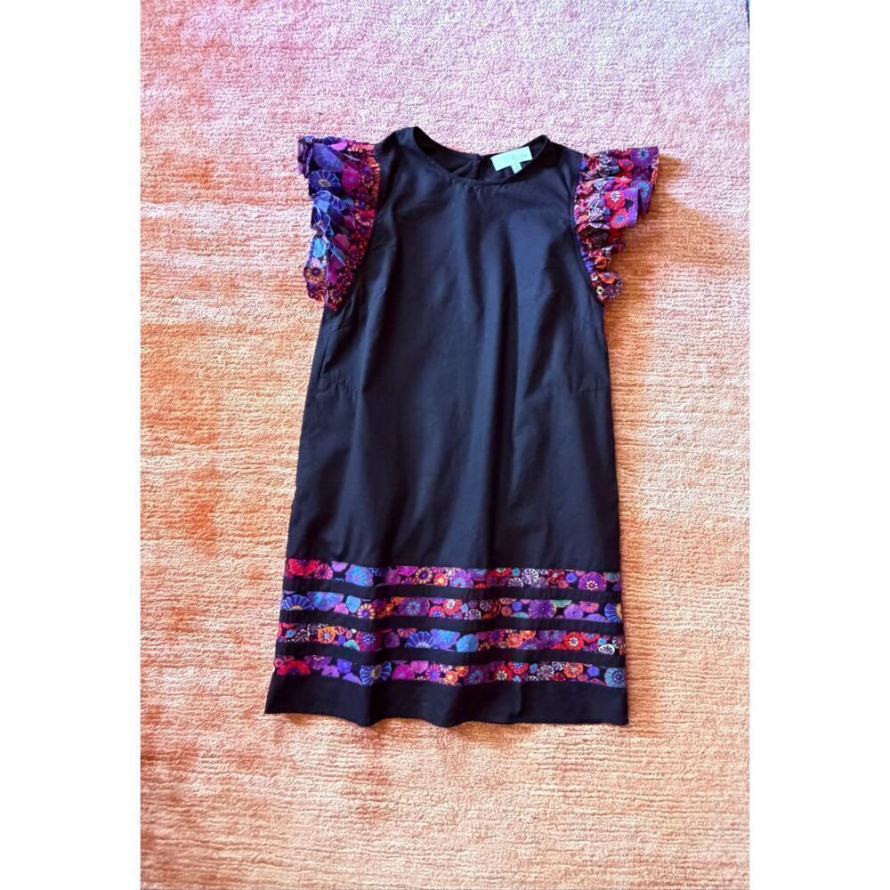 Pinch Black Cotton Shift Dress S Floral Flutter Sleeves Pockets